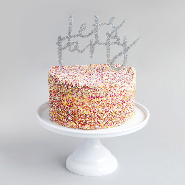 Silver Glitter Acrylic Let's Party Cake Topper