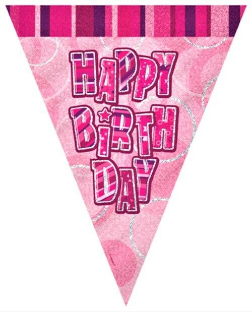 Happy Birthday Flag Banner- Holographic Pink