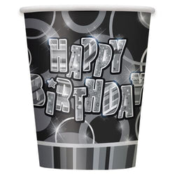 Black & Silver Glitz Happy Birthday Cups