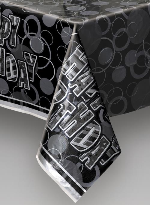 Black & Silver Glitz Happy Birthday Table Cover