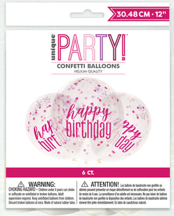 Happy Birthday Pink, Purple, Silver Confetti Balloons 6pk