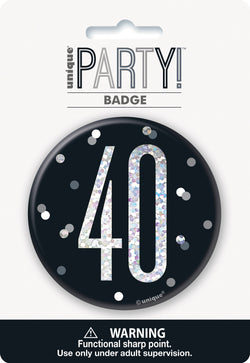 Black Glitz 40th Birthday Badge