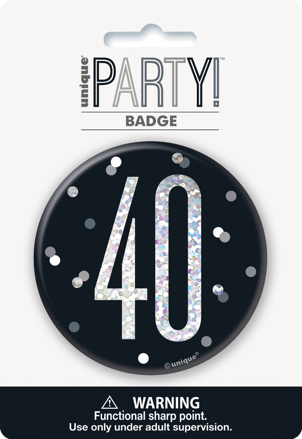 Black Glitz 40th Birthday Badge
