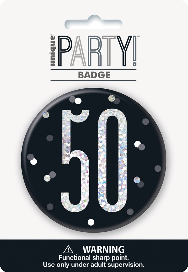 Black Glitz 50th Birthday Badge
