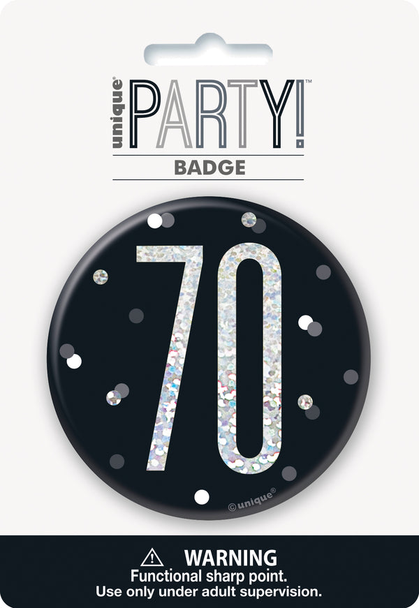 Black Glitz 70th Birthday Badge