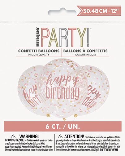 Rose Gold Glitz Happy Birthday Confetti Filled Latex Balloons 6pk