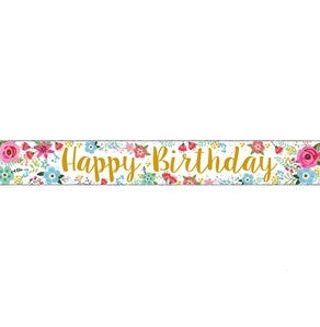 Holographic Foil Banner- Happy Birthday Flowers