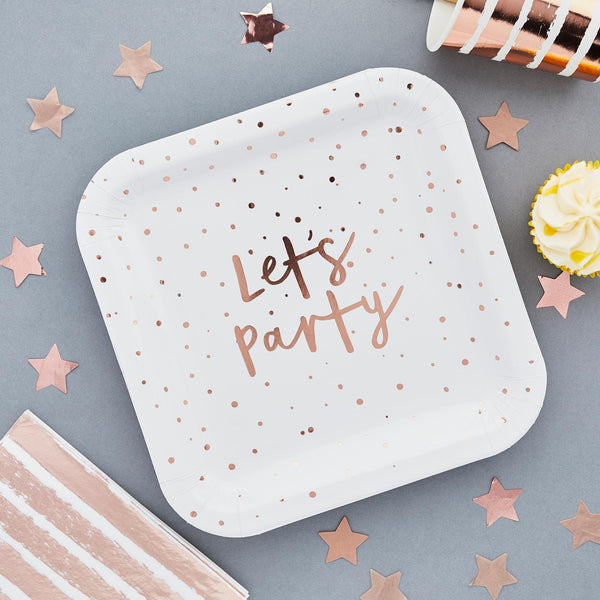 10 Rose Gold Let's Party Paper Plates